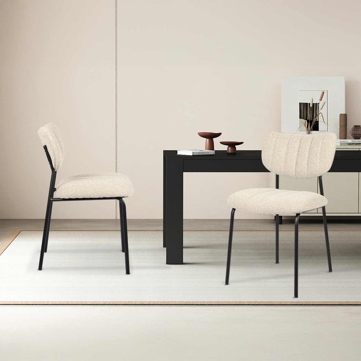 JAYDA Lot de 2 chaises en tissu beige piètement métal noir - Chaise de repas - Mobilier Deco