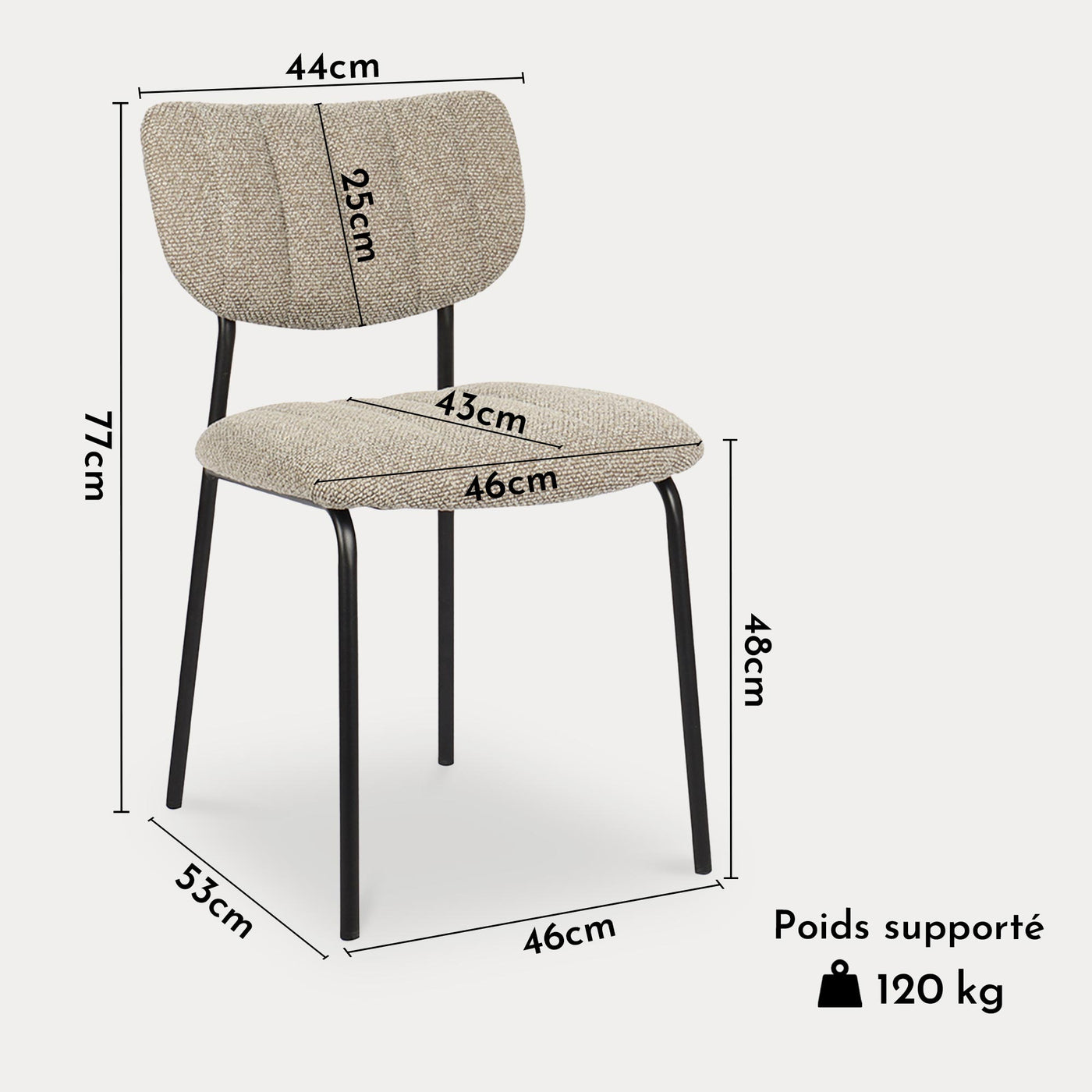 JAYDA Lot de 2 chaises en tissu taupe piètement métal noir