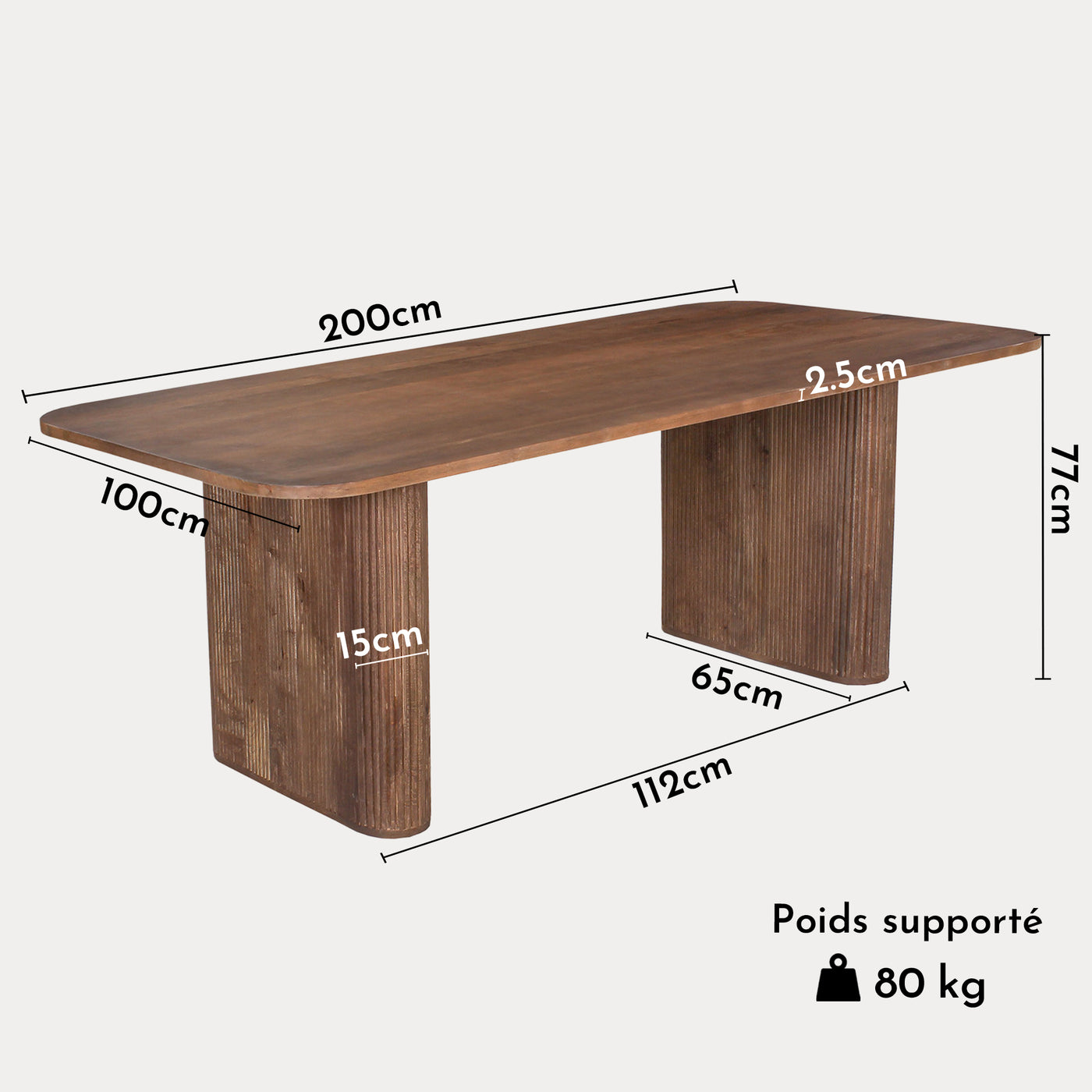 JEAN XL Table à manger en bois de manguier brun clair 200 cm