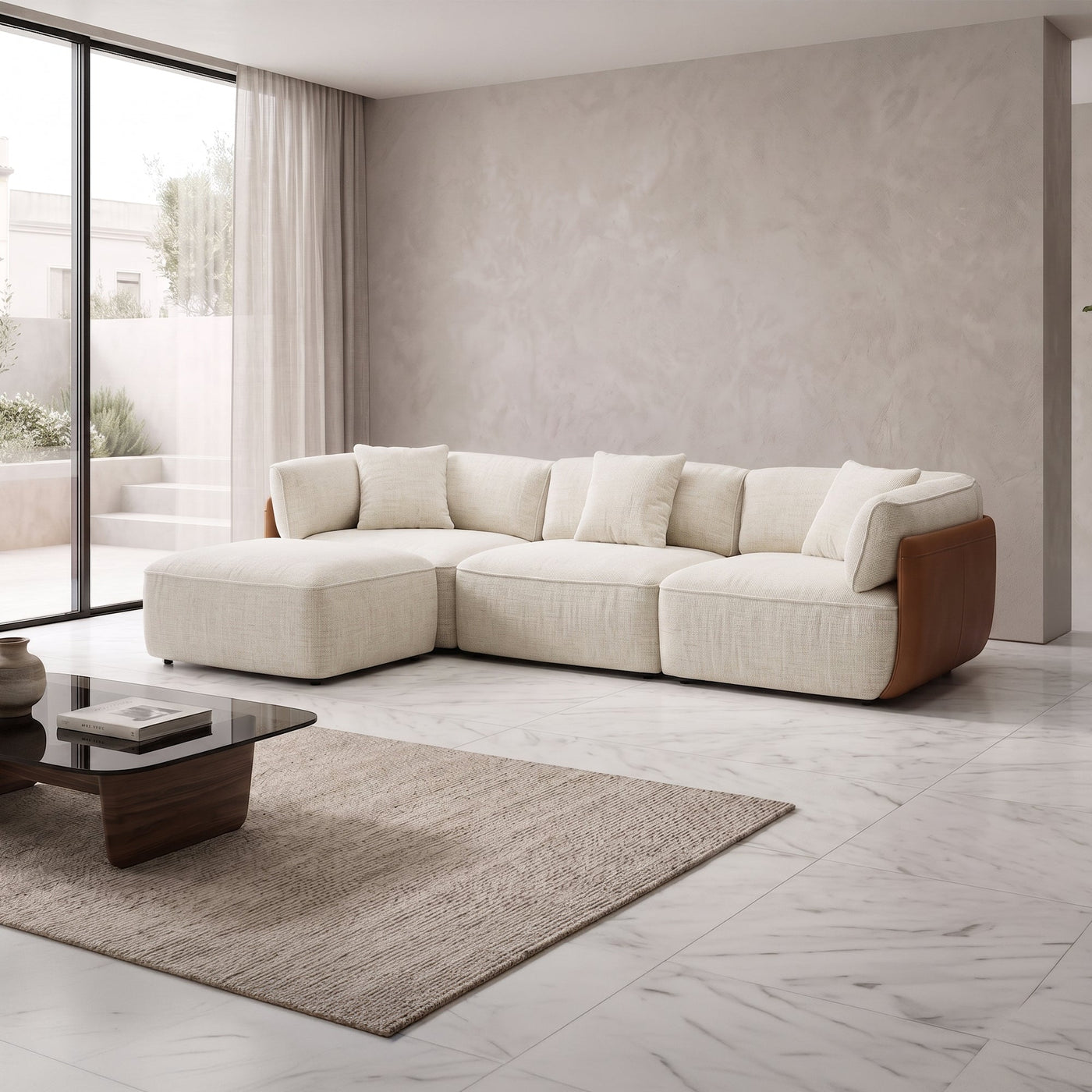 JENY Canapé d'angle modulable en tissu beige dossier en simili cuir marron - Canapés d'angle - Mobilier Deco