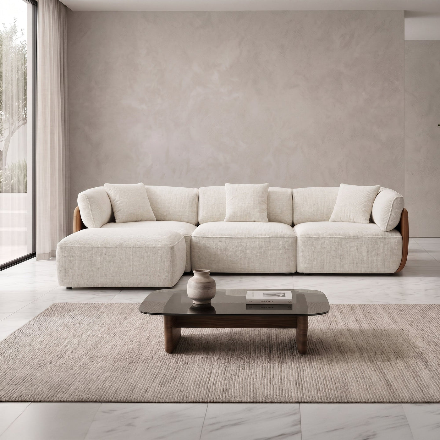JENY Canapé d'angle modulable en tissu beige dossier en simili cuir marron - Canapés d'angle - Mobilier Deco