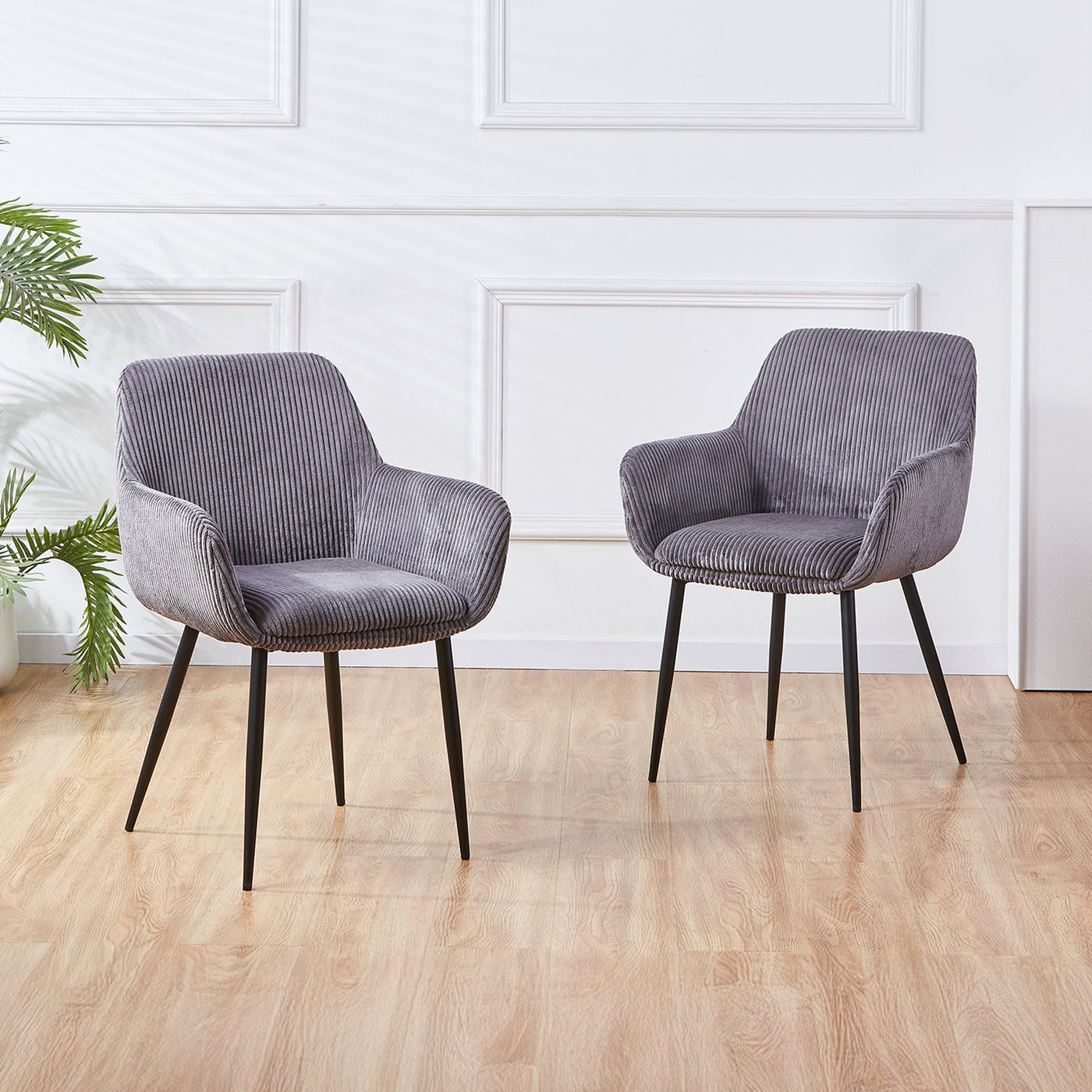 JESSIE Lot de 2 chaises en velours côtelé gris foncé pieds en métal noir - Chaise de repas - Mobilier Deco