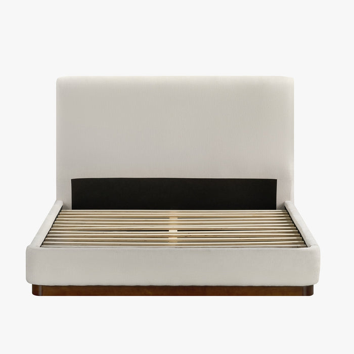 JODIE Lit double en tissu beige et bois foncé 140x190 cm