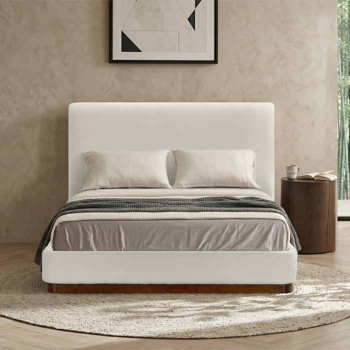 JODIE Lit double en tissu beige et bois foncé 140x190 cm