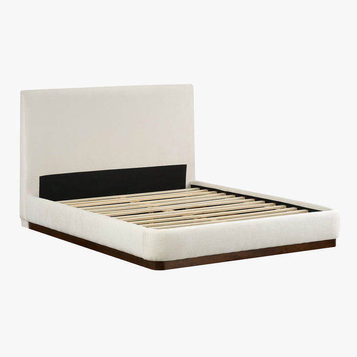JODIE Lit double en tissu beige et bois foncé 140x190 cm