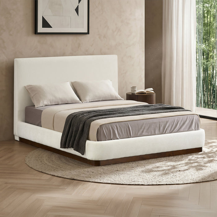 JODIE Lit double en tissu beige et bois foncé 140x190 cm