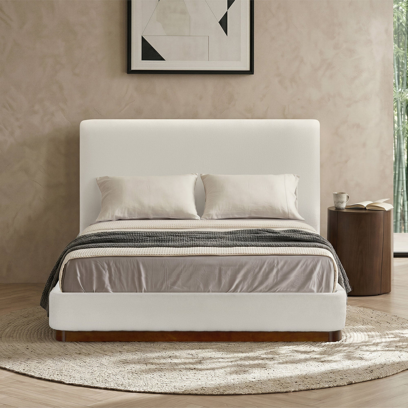 JODIE Lit double en tissu beige et bois foncé 180x200 cm - Lits - Mobilier Deco