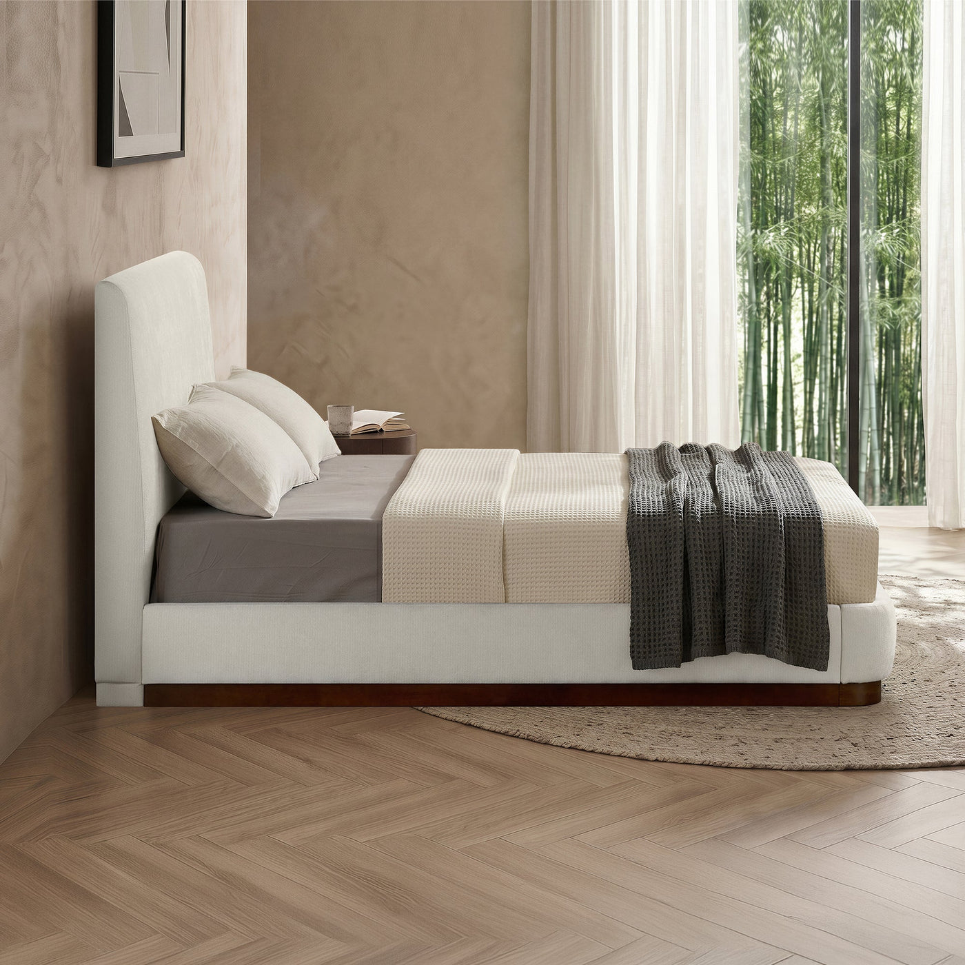 JODIE Lit double en tissu beige et bois foncé 180x200 cm - Lits - Mobilier Deco