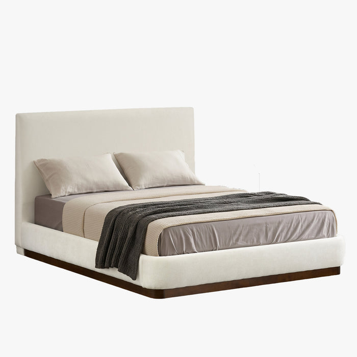 JODIE Lit double en tissu beige et bois foncé 180x200 cm