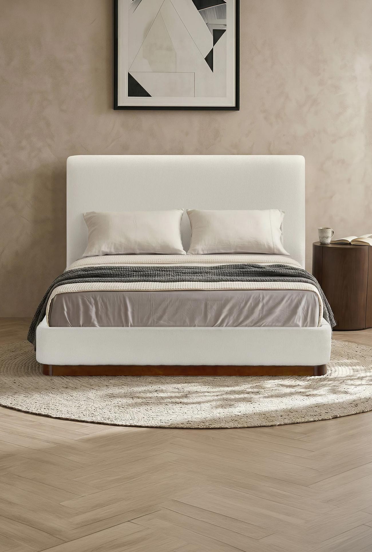 JODIE - Lits doubles en tissu beige et bois