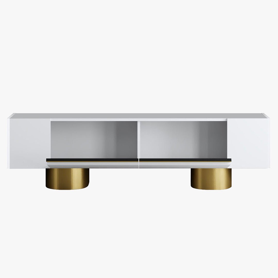 JONAS Meuble TV 2 portes abattantes blanc et doré - Meuble TV - Mobilier Deco