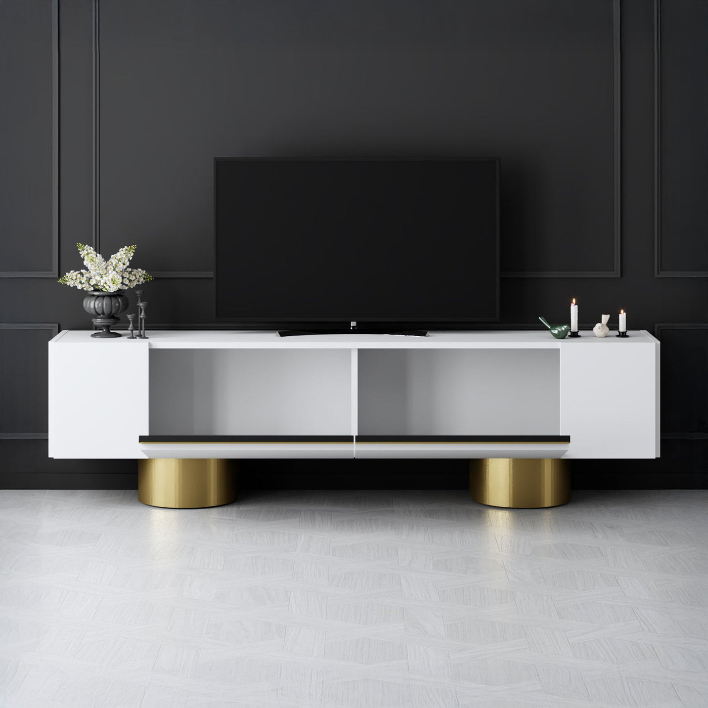 JONAS Meuble TV 2 portes abattantes blanc et doré - Meuble TV - Mobilier Deco