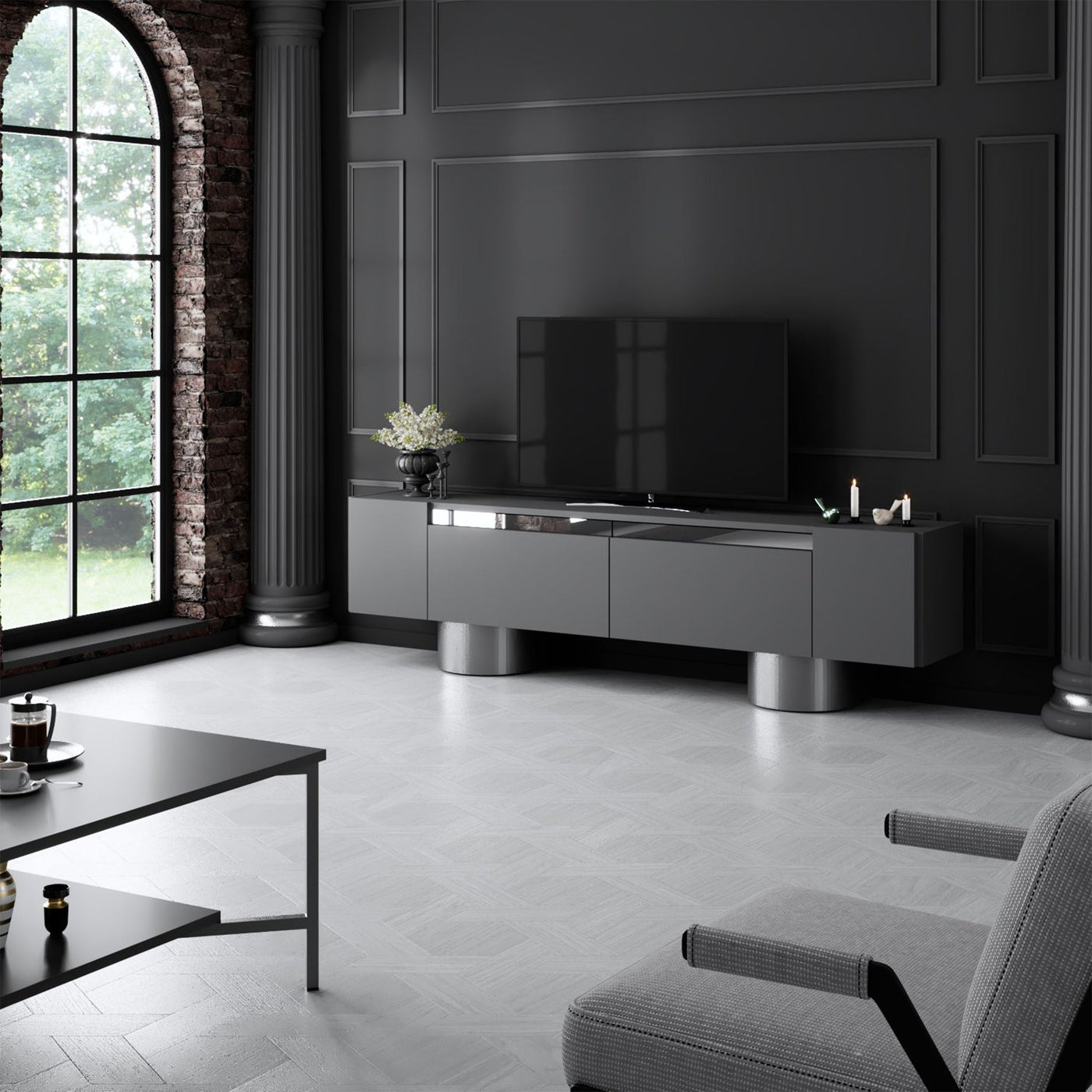 JONAS Meuble TV 2 portes abattantes noir et argenté - Meuble TV - Mobilier Deco