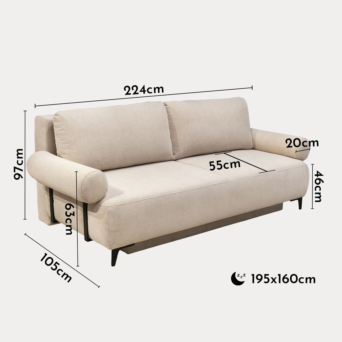 JORDY Canapé 3 places convertible avec coffre en tissu beige