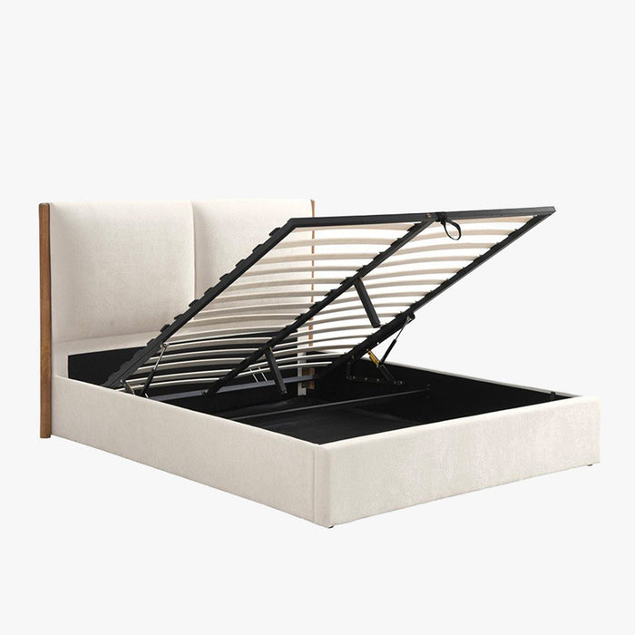 JUNA Lit double en tissu beige et bois avec coffre 140x190 cm
