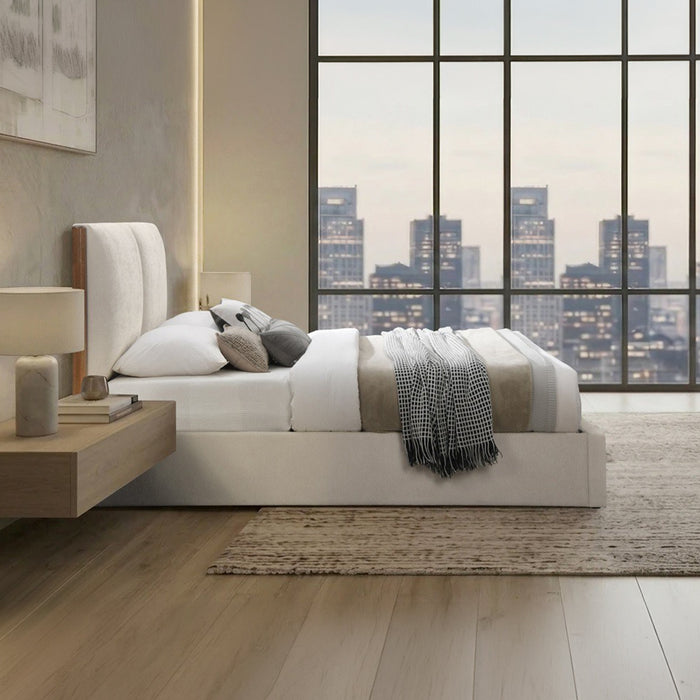 JUNA Lit double en tissu beige et bois avec coffre 140x190 cm