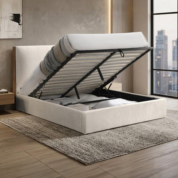 JUNA Lit double en tissu beige et bois avec coffre 140x190 cm