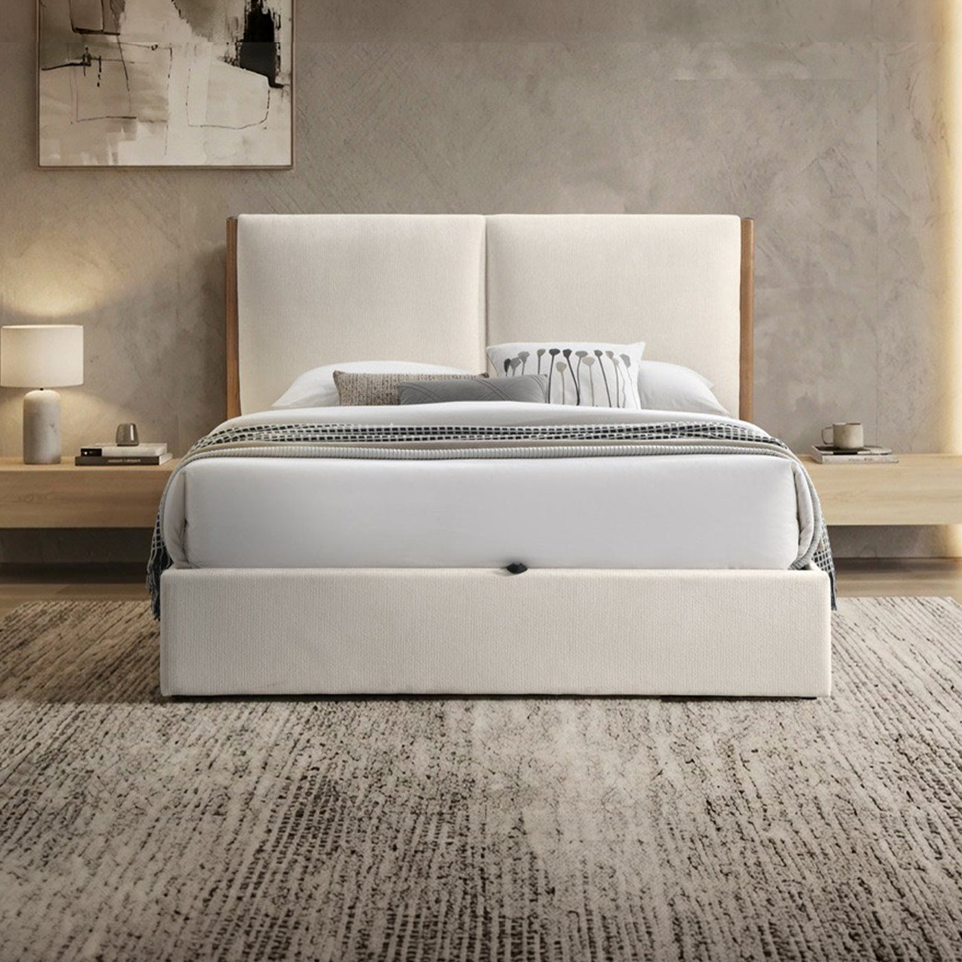 JUNA Lit double en tissu beige et bois avec coffre 140x190 cm - Lits - Mobilier Deco