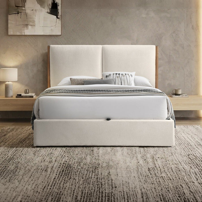 JUNA Lit double en tissu beige et bois avec coffre 160x200 cm