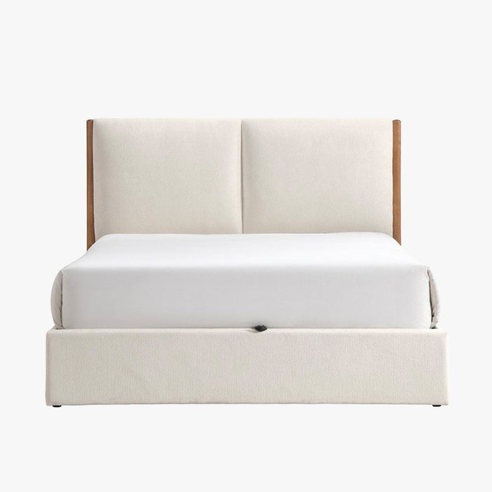 JUNA Lit double en tissu beige et bois avec coffre 180x200 cm