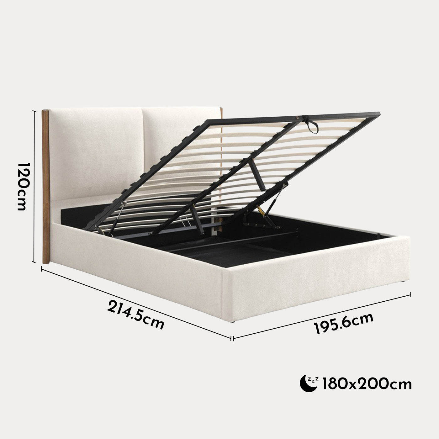 JUNA Lit double en tissu beige et bois avec coffre 180x200 cm