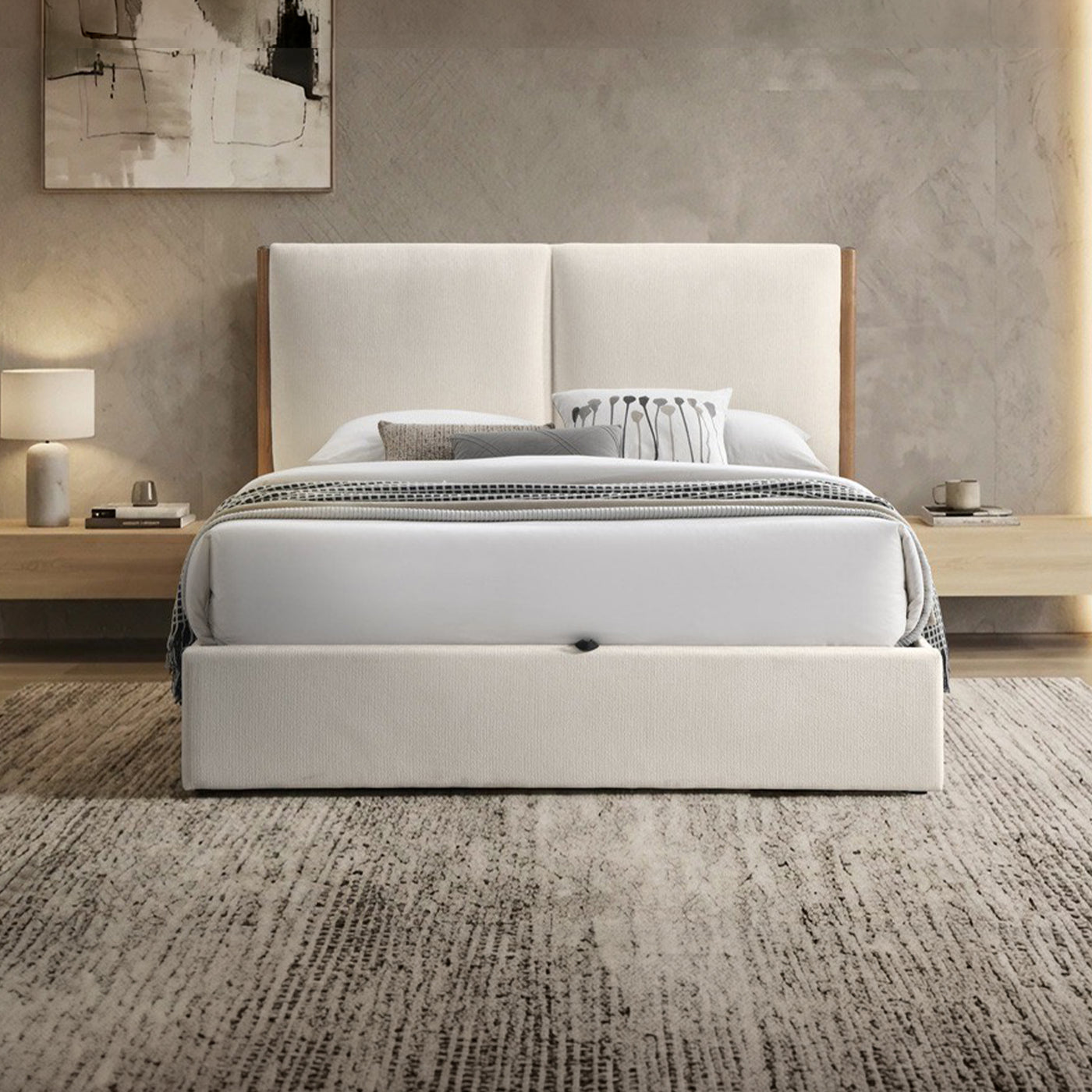 JUNA Lit double en tissu beige et bois avec coffre 180x200 cm