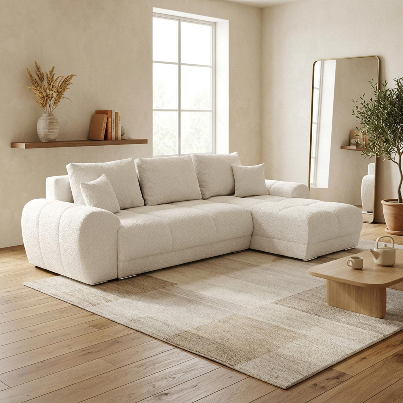 KAMILIA Canapé d'angle convertible avec coffre en tissu beige - Angle droit
