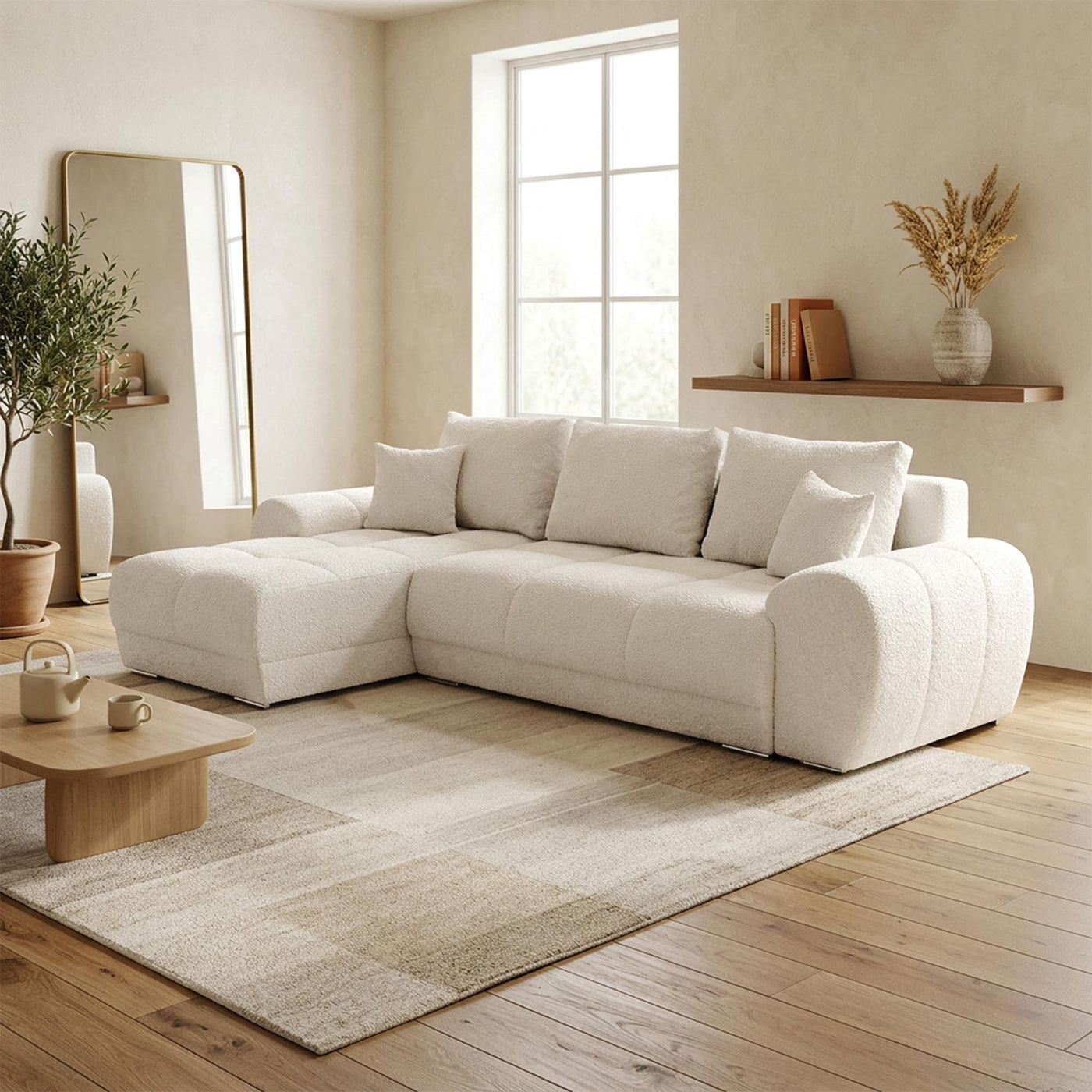 KAMILIA Canapé d'angle convertible avec coffre en tissu beige - Angle gauche