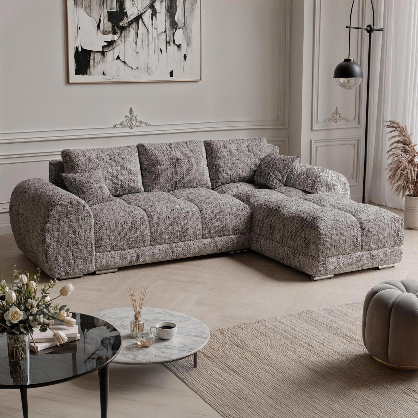 KAMILIA Canapé d'angle convertible avec coffre en tissu gris - Angle droit