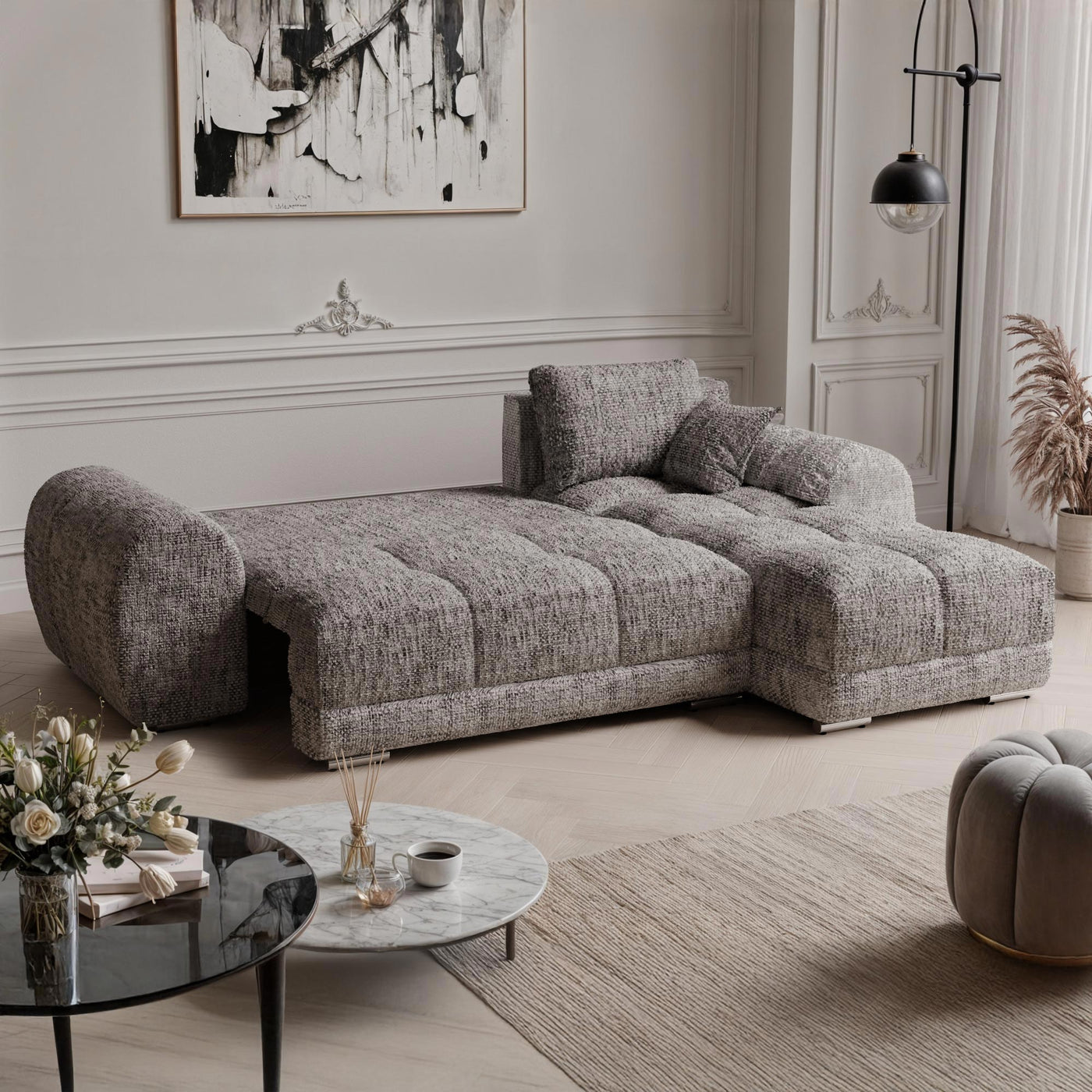 KAMILIA Canapé d'angle convertible avec coffre en tissu gris - Angle droit