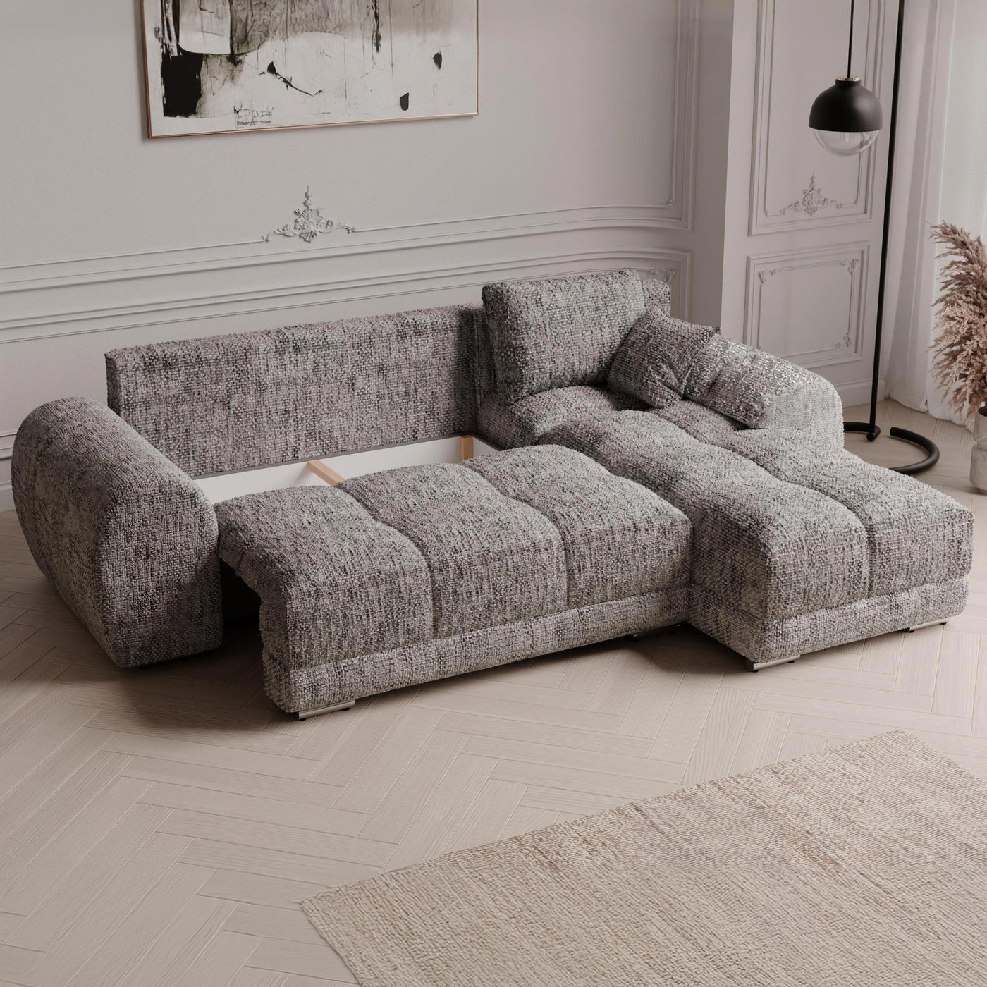 KAMILIA Canapé d'angle convertible avec coffre en tissu gris - Angle droit