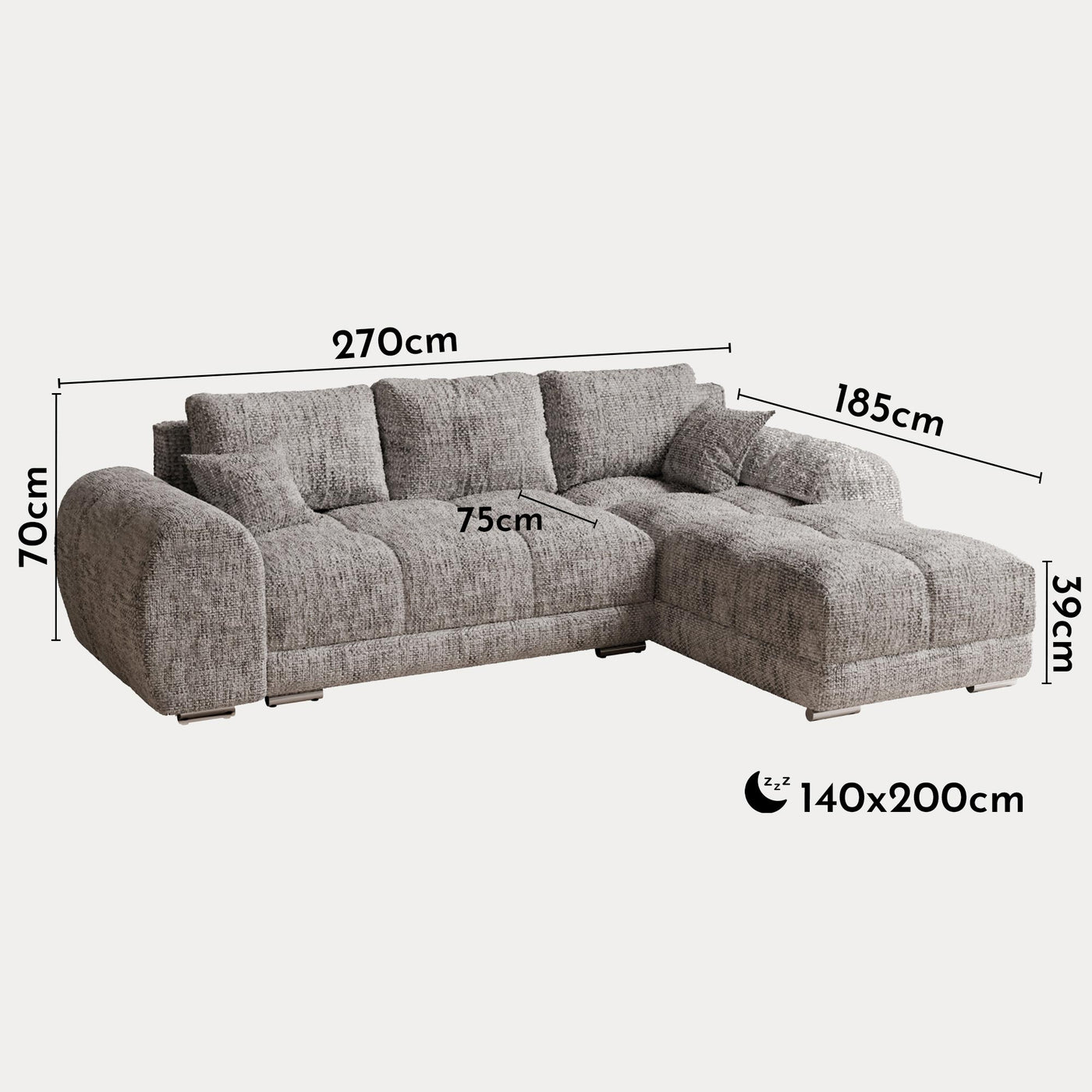 KAMILIA Canapé d'angle convertible avec coffre en tissu gris - Angle droit