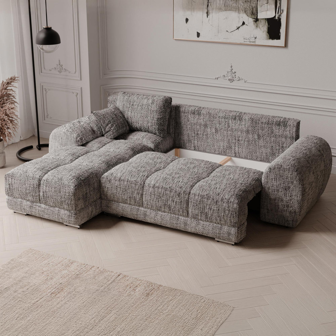KAMILIA Canapé d'angle convertible avec coffre en tissu gris - Angle gauche