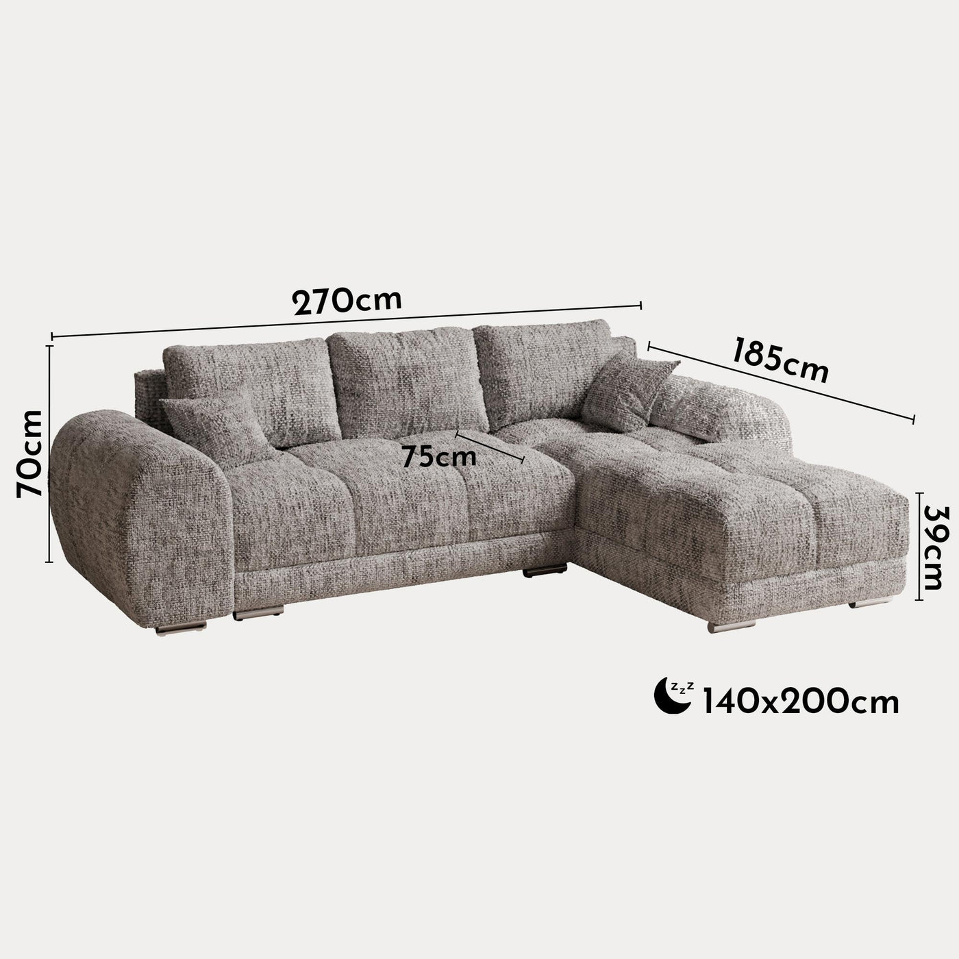 KAMILIA Canapé d'angle convertible avec coffre en tissu gris - Angle droit - Canapé d'angle convertible - Mobilier Deco
