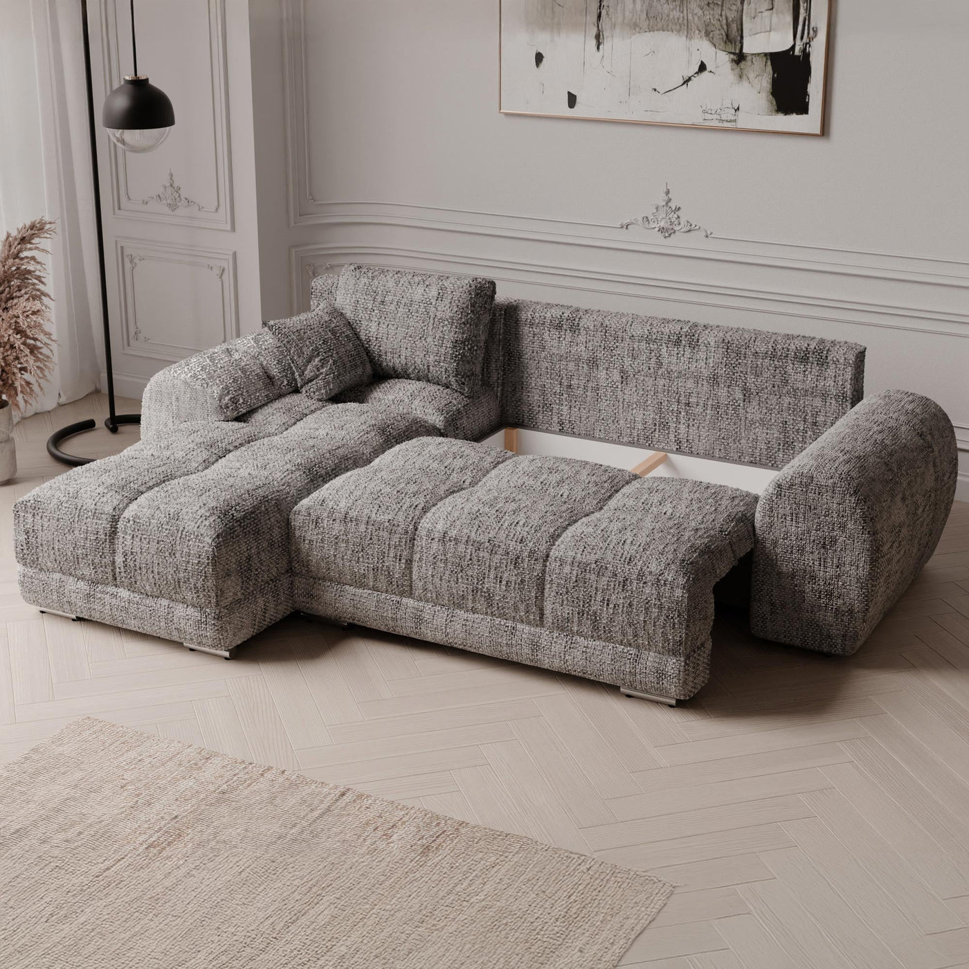 KAMILIA Canapé d'angle convertible avec coffre en tissu gris - Angle gauche - Canapé d'angle convertible - Mobilier Deco