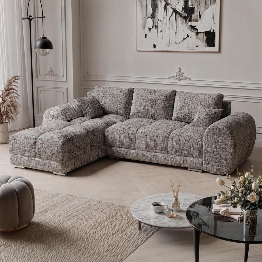KAMILIA Canapé d'angle convertible avec coffre en tissu gris - Angle gauche — aperçu vidéo