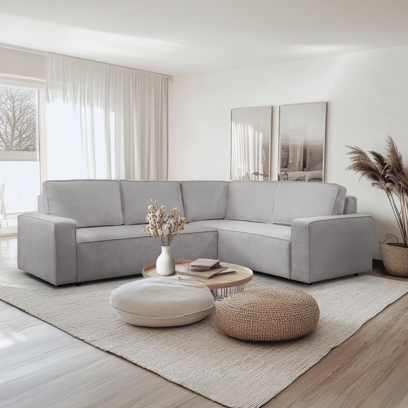 KARLOS Canapé d'angle convertible en tissu gris clair - Angle droit