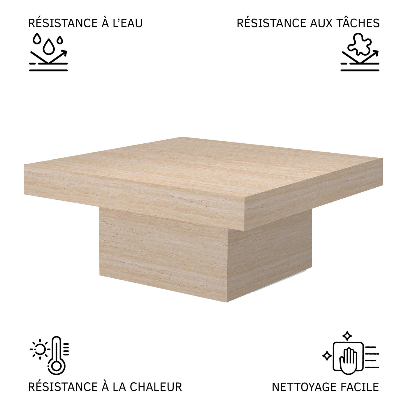 KAYZA Table basse carrée en marbre d'ingénierie couleur travertin