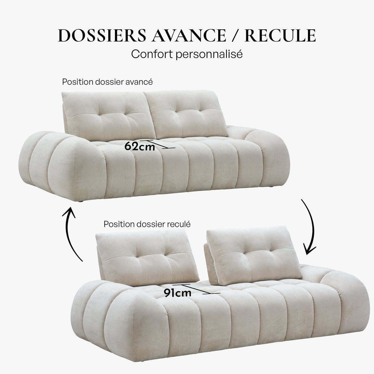 KESSY Canapé 3 places avec dossier amovible en tissu capitonné beige - Canapés fixes - Mobilier Deco