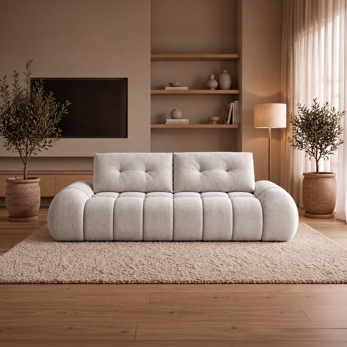 KESSY Canapé 3 places avec dossier amovible en tissu capitonné beige - Canapés fixes - Mobilier Deco
