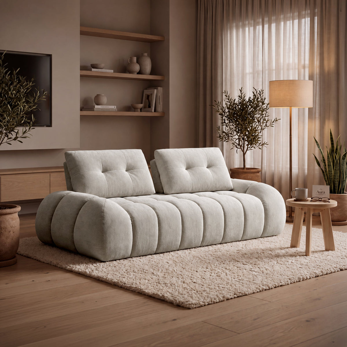 KESSY Canapé 3 places avec dossier amovible en tissu capitonné beige - Canapés fixes - Mobilier Deco