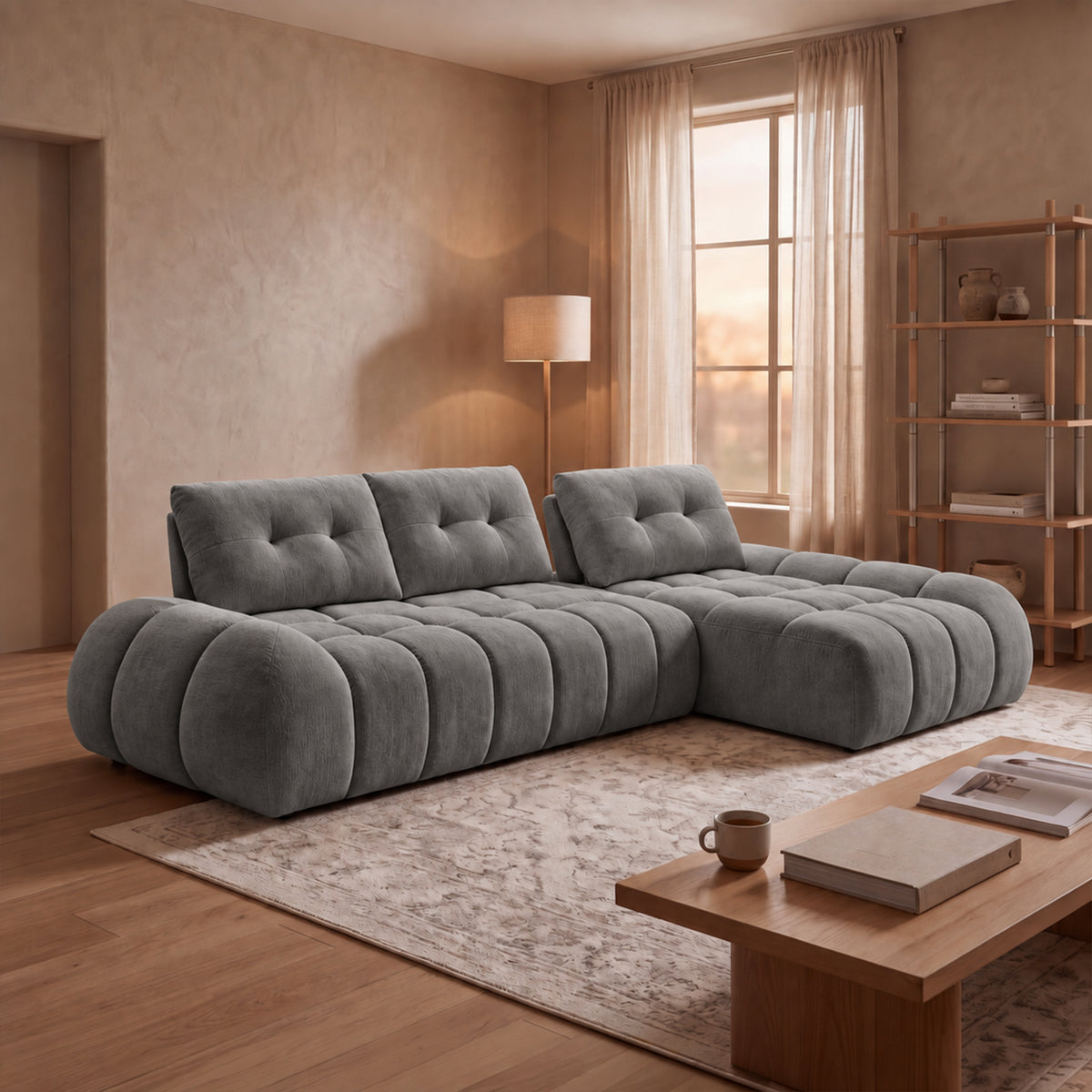 KESSY Canapé d'angle avec dossier amovible en tissu capitonné gris - Angle droit - Canapés d'angle - Mobilier Deco