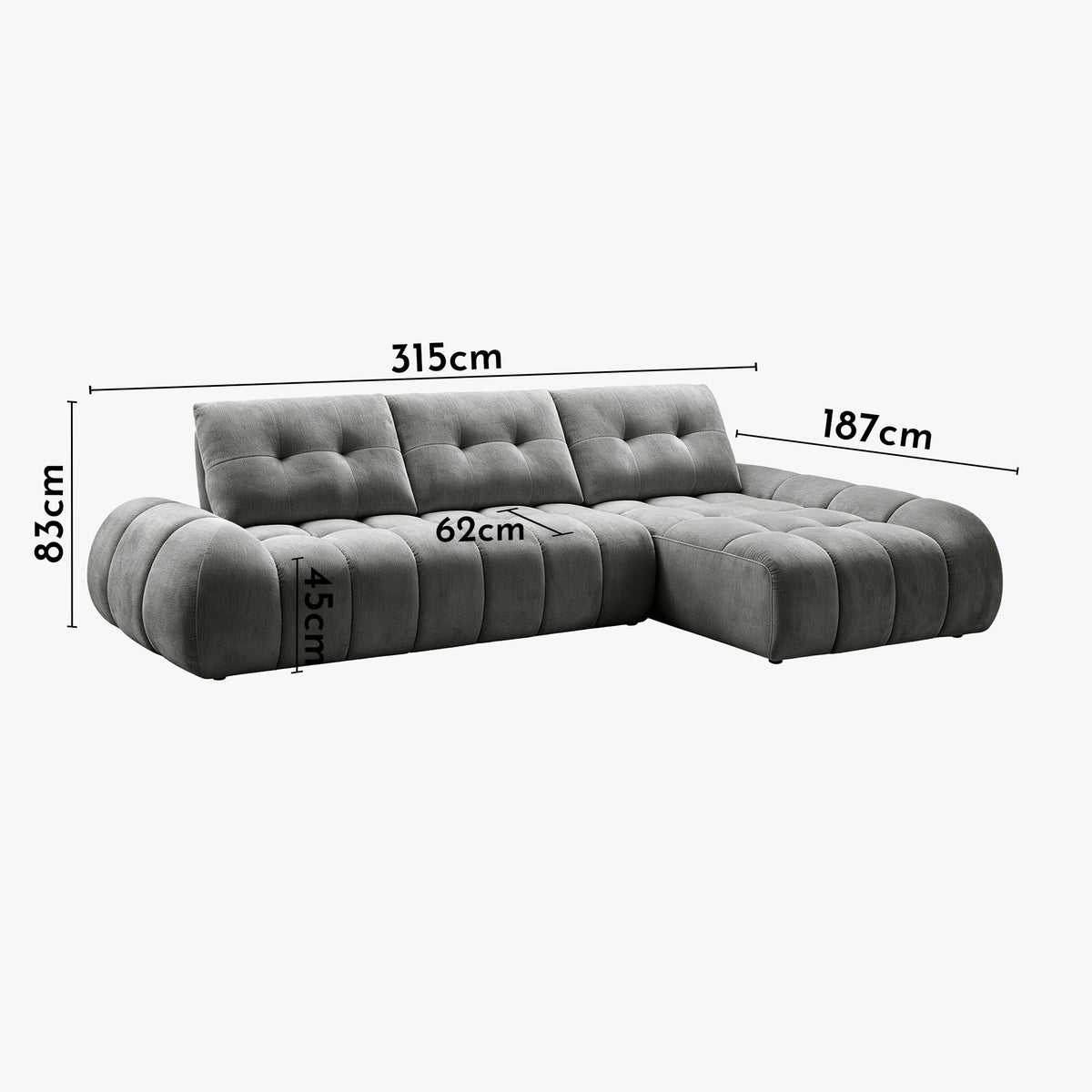 KESSY Canapé d'angle avec dossier amovible en tissu capitonné gris - Angle droit - Canapés d'angle - Mobilier Deco