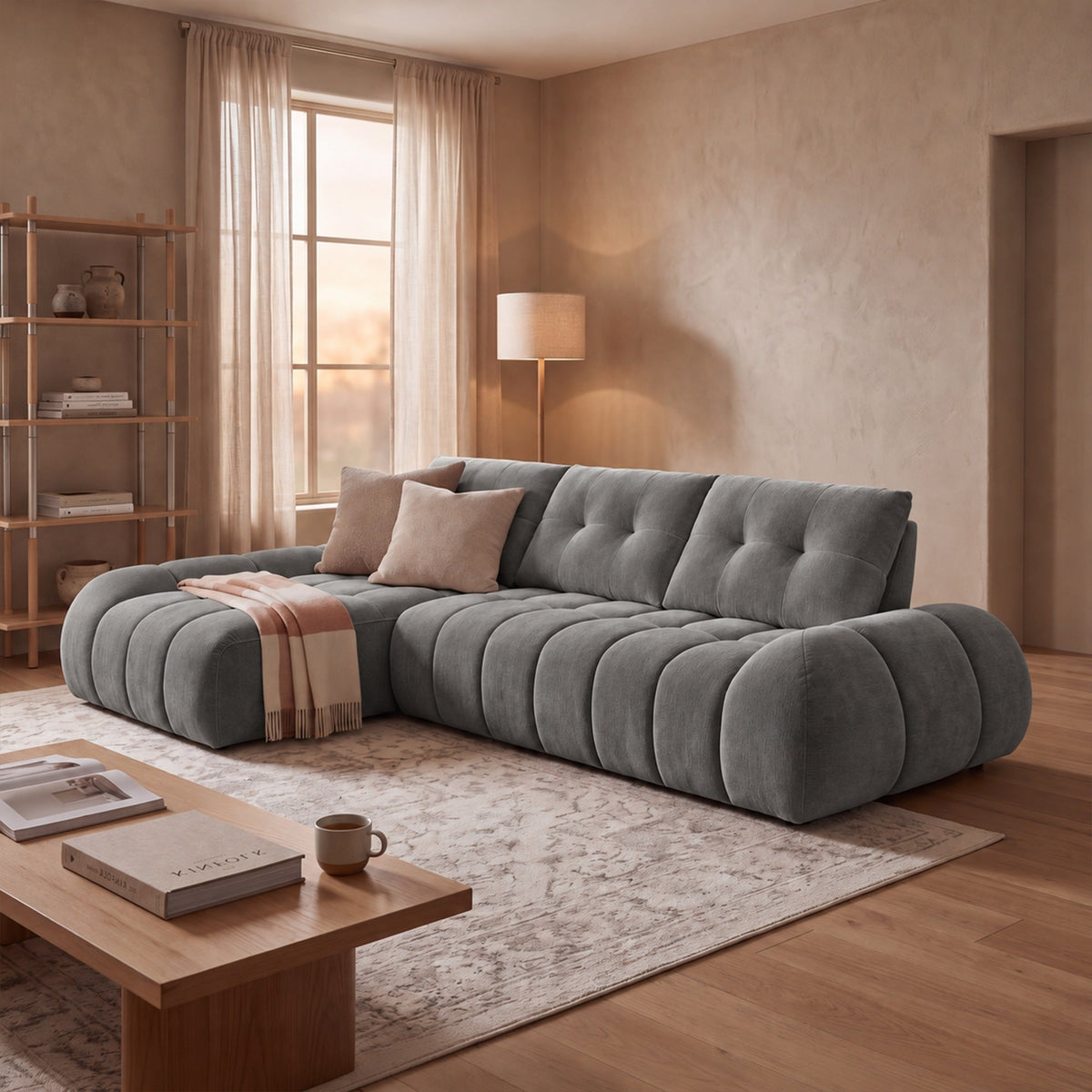 KESSY Canapé d'angle avec dossier amovible en tissu capitonné gris - Angle gauche - Canapés d'angle - Mobilier Deco