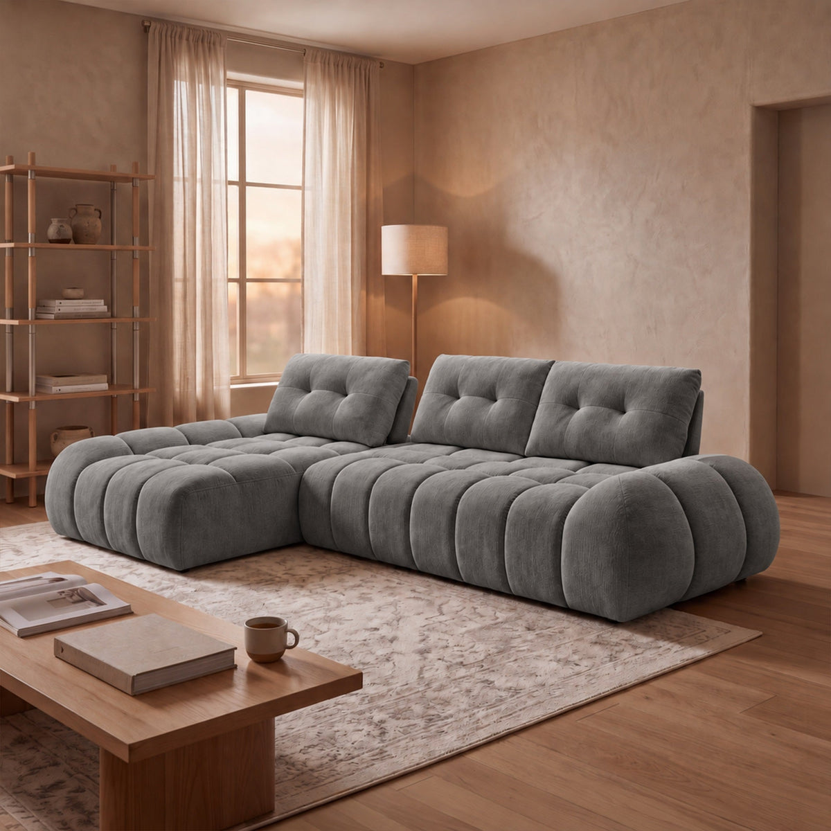 KESSY Canapé d'angle avec dossier amovible en tissu capitonné gris - Angle gauche - Canapés d'angle - Mobilier Deco