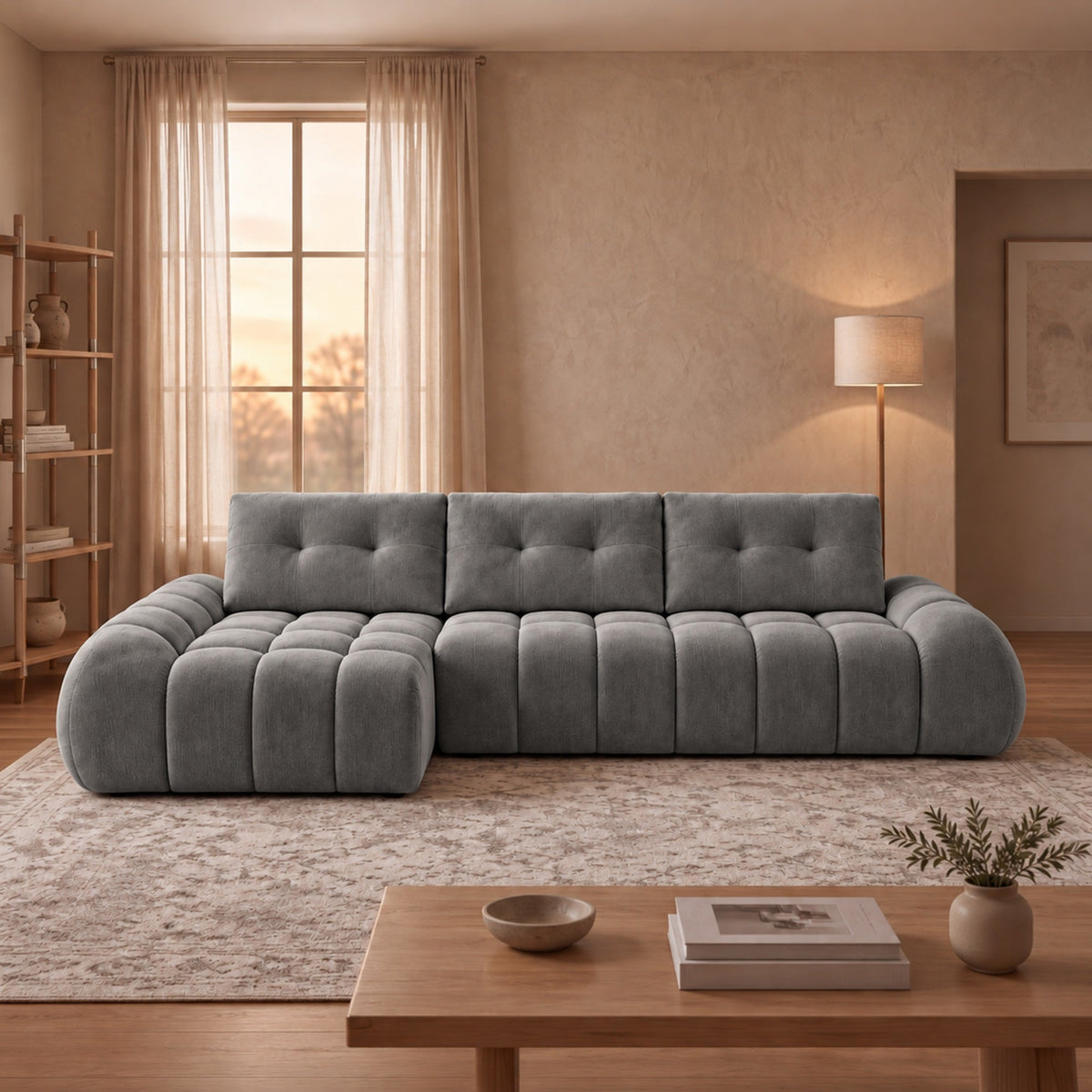 KESSY Canapé d'angle avec dossier amovible en tissu capitonné gris - Angle gauche - Canapés d'angle - Mobilier Deco