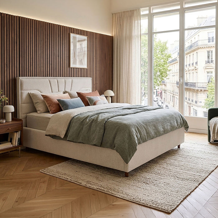 KIRA Lit double en tissu avec coffre en tissu beige 160x200 cm