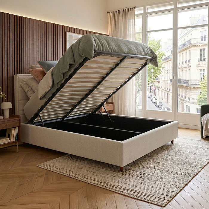 KIRA Lit double en tissu avec coffre en tissu beige 160x200 cm