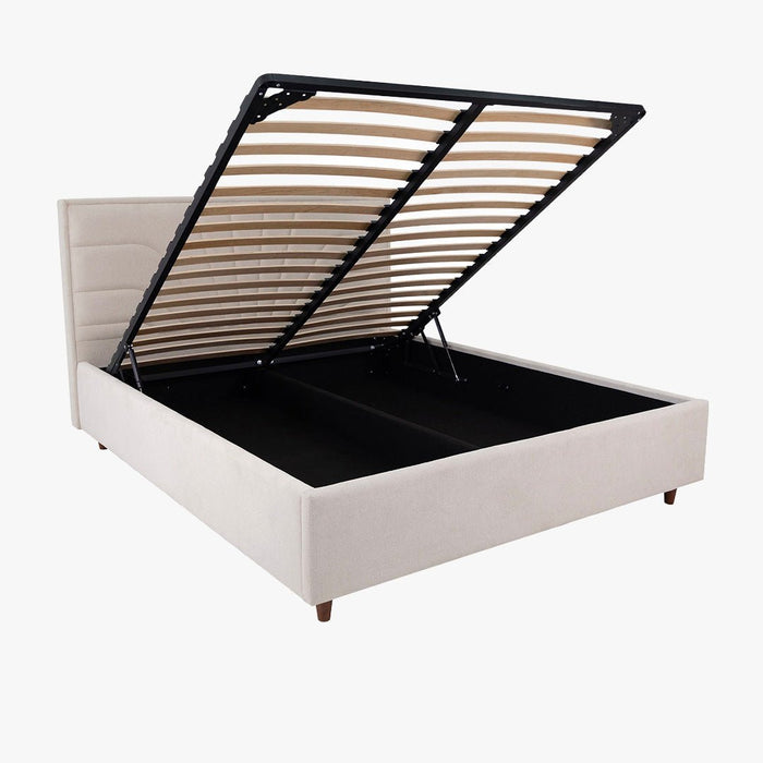 KIRA Lit double en tissu avec coffre en tissu beige 180x200 cm