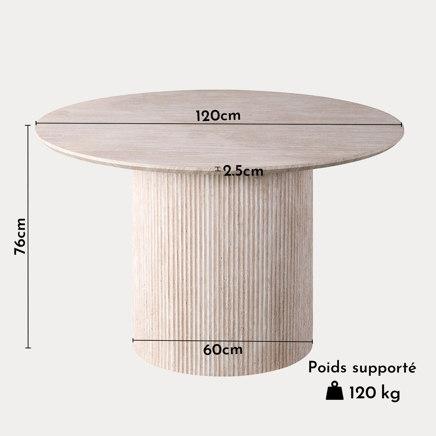 LAGOS - 120 Table à manger ronde couleur travertin 120 cm